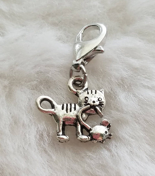 Cat with Mouse Charm | Cat Mouse Charm | Sterling Silver Plated Pewter