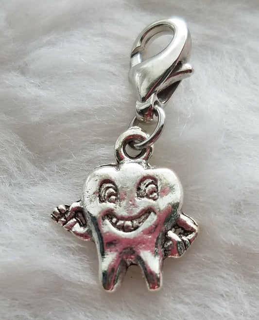 Smiling Tooth Charm | Bravery Reward | New Braces Gift | Dentist Visit Gift | Sterling Silver Plated Pewter