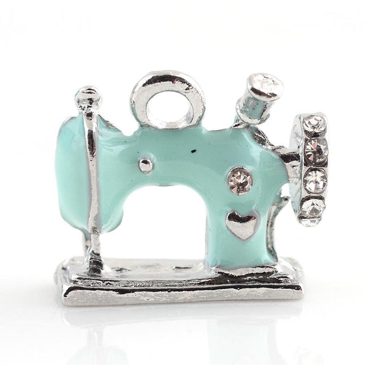 Rhinestone-Embellished Hand-Painted Enamel Sewing Machine Charm - Clip-On - Ready to Wear