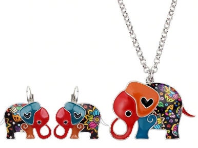 Elephant Pendant | Elephant Earrings | Colorful Elephant Jewelry | Pachyderm Jewelry Set