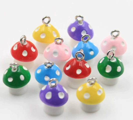 Mushroom Charms | Polka Dot Mushroom Charms | Mushroom Jewelry | Nature Charm | Cooking Charm | Set of 12 (2 of each color)