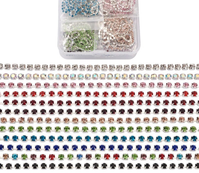 Sew On Cup Chain | Sew On Rhinestone Chain | 2mm wide | Box of 12 Colors | 1 Yard of Each Color | Costume Trims | Jewelry Chain