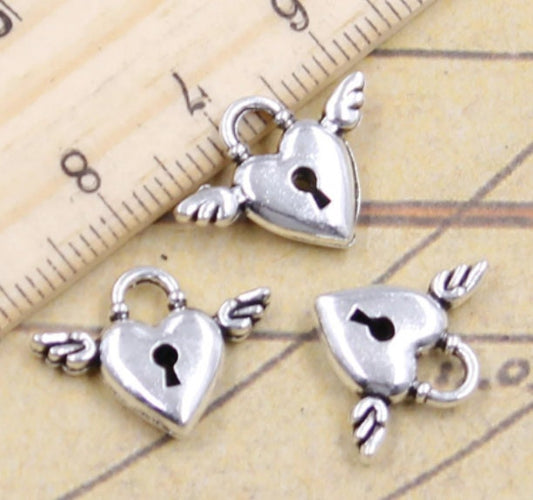 Flying Heart Lock Charm | Love Charm | Valentine Charm | Valentine Gift | Gift for Love | Love Gift | Heart Lock Charm | Size 13mm x 17mm