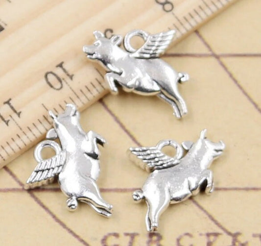 Flying Pig Charms | When Pigs Fly Charms | Flying Pig Jewelry | Gift for Pig Farmer | Gift for Dreamer | Size:15mm x 18mm | THREE (3) CHARMS