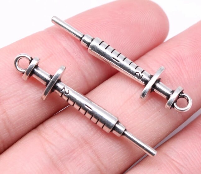 Syringe Charm | 3D Syringe Charm | Nurse Charm | Medical Charm | Hypodermic Needle Charm | Phlebotomy Charm | 36mm x 9mm