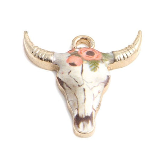 Cow Steer Charms | Gold Plated Finish | Cow Skull with Flowers | Pack of TEN (10) Charms