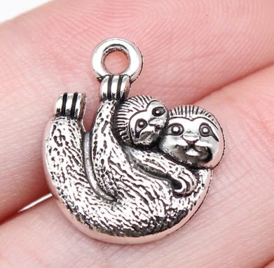 Mother and Baby Sloth Charm | Sloth Jewelry | Sloth Pendant | Silver Sloth | Size:  18mm x 15mm